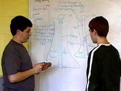 Two students demonstrate model on whiteboard